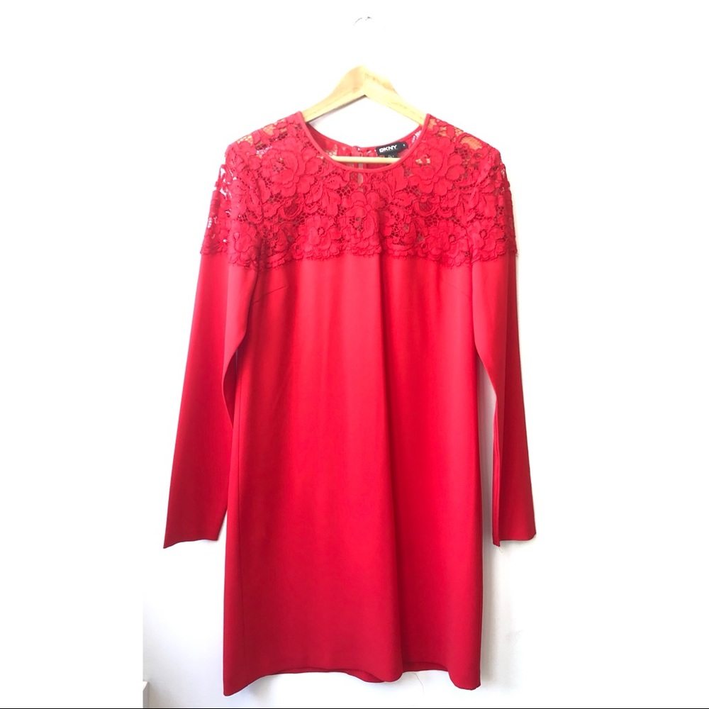 DKNY Red Day Mini Sheath Dress w Lace shoulders